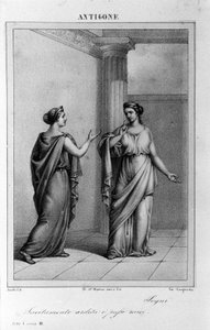 Antigone Akt I, Szene 3. Italienische Tragödie von Vittorio Alfieri, geschrieben 1783 nach der griechischen Mythologie. Gravur des 18. Jahrhunderts