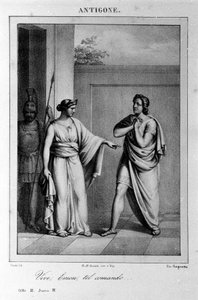 Antigone Akt I, Szene 3. Italienische Tragödie von Vittorio Alfieri, geschrieben 1783 nach der griechischen Mythologie. Gravur des 18. Jahrhunderts. von Unknown artist
