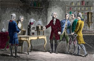 Antoine Laurent Lavoisier (1743-1894) führt die Zersetzung der Luft 1776 durch - Antoine Laurent Lavoisier, englischer Chemiker, zeigt Wissenschaftlern sein Experiment, das die Zusammensetzung der Luft 1776 enthüllte - Stich von Louis Figuier von Unknown artist