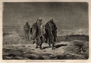 Arabische Beduinen, Pantherfelle und Schafwollhändler, auf dem Weg zum Markt von Bagdad (Irak). Gravur zur Illustration der Reise nach Babylon, 1866, von Guillaume Lejean, in „Le tour du monde, nouveau journal des voyages“ veröffentlicht unter der Leitung  von Unknown artist