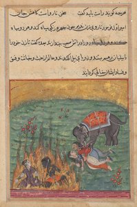 Zur Strafe werden die Frau des Narren und der Zangi ins Feuer geworfen und die Frau des Emirs und der Mahout von einem Elefanten zertrampelt, aus einem Tuti-nama (Geschichten eines Papageis), Zweiundzwanzigste Nacht von Unknown artist