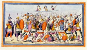 Athena und Hera unterstützen die Trojaner in ihrem Kampf gegen die Griechen. Die Ilias, Gesang VIII, Gravur aus dem späten 18. Jahrhundert von Unknown artist