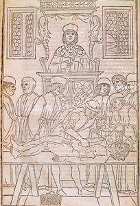 Autopsie. Codex. Der Körper eines toten Mannes wird von Ärzten für eine anatomische Studie seziert. „Fascicula Medicinae“. Codex eines Ärztefascikels von Johannes Kethan