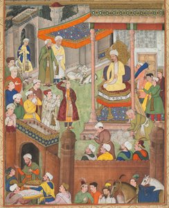 Babur erhält Beute und Humayuns Salut nach dem Sieg über Sultan Ibrahim im Jahr 1526, aus einem Akbar-nama (Buch von Akbar) von Abu