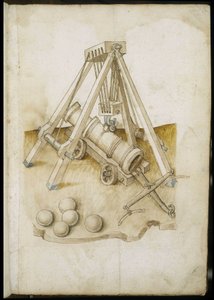 Kugelkanone und Aufzug - Manuskript: Pergamentblatt eines Ingenieurhandbuchs für den Bau ziviler, religiöser und militärischer Gebäude, anonym, spätes 15. Jahrhundert (Figur in chinesischer Tinte)