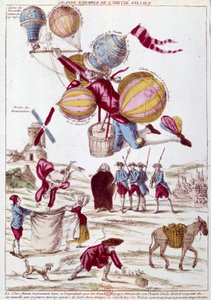 Ballonflug: Ein Neffe, besorgt keine Nachrichten von seinem Onkel auf einer Ballonreise zu erhalten, unternimmt alles, um ihn zu erreichen, und startet alle gebauten Ballons (Lyon, Champs de Mars, La Muette, Versailles), um über Paris zu fliegen. Satirisch von Unknown artist