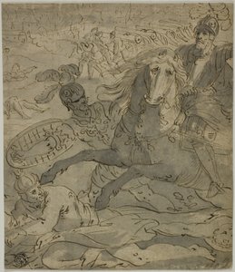 Kampfszene mit angreifendem General zu Pferd im Vordergrund, Artillerie und Kanonen im Hintergrund von Unknown artist