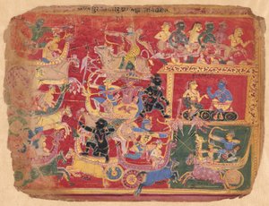 Schlacht der Kräfte von Krishna und Bana, aus einer Kopie des Verstreuten Bhagavat Purana