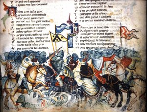 Kampfszene. Miniatur aus dem „Roman de Troy“ von Benoit de Saint Maure. 14. Jahrhundert Biblioteca Marciana, Venedig