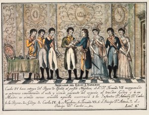 Bayonnes Interview 1808 nach dem Aufstand von Aranjuez, der zur Abdankung von König Karl IV. von Spanien führte und den Thron an Napoleon I. übergab, bevor sein Sohn Ferdinand VII. (Fernando VII) ihn übernahm von Unknown artist