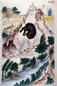 Bärenjagd, aus dem Buch "Trujillo del Peru" oder "Códice Martínez Compañón", von Baltazar Martinez Compañón y Bujanda, Bischof von Trujillo (1782-1785)