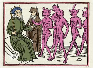 Belials Prozess: „Der Belial-Dämon begleitet von vier anderen Dämonen wird Richter Salomo vorgestellt“ Gravur aus „Der Belial-Prozess“ von Jacobus de Teramo (oder Palladino), Augsburg
