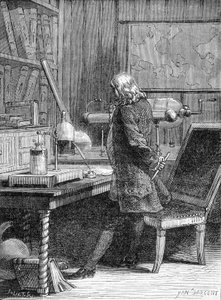 Benjamin Franklin, amerikanischer Politiker und Physiker (1706-1790) in seinem Physiklabor in Philadelphia - Gravur von Unknown artist