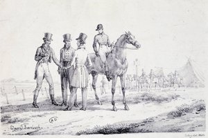 Wette am Rand des Rennfeldes mit einem Jockey zu Pferd (Lithographie, Anfang 19. Jahrhundert) von Unknown artist