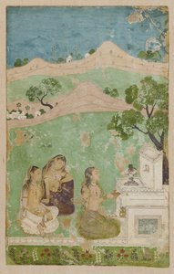Bhairavi Ragini (eine musikalische Mode): drei Figuren vor einem Schrein