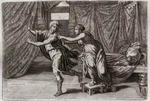 Bibel von Royaumont, Altes Testament: Keuschheit von Joseph. Joseph wird von der Frau von Putiphar (Potiphar) bedrängt und ins Gefängnis geworfen. Illustration von 1811. von Unknown artist