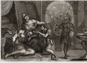 Bibel von Royaumont, Altes Testament: Tod von Samson. Samson verrät Dalila, dass seine Stärke in seinem Haar liegt. Sie schneidet ihm das Haar ab und bringt die Philister-Soldaten in den Raum. Illustration von 1811.
