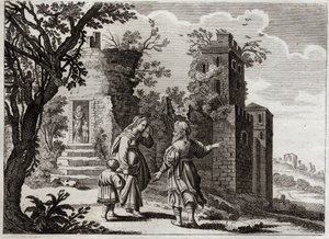 Bibel von Royaumont, Altes Testament: Ismael jagt. Als Sarah sah, dass Ismael, der Sohn von Agar (Hagar), den kleinen Isaak schlecht behandelte, bat sie Abraham, sie mit ihrem Sohn zurückzuschicken, damit Isaak der einzige Erbe gemäß den Verheißungen Gotte von Unknown artist