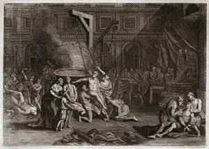 Bibel von Royaumont, Altes Testament: Martyrium der Makkabäer. Die sieben Makkabäerbrüder werden gemartert, anstatt ihren Glauben zu verraten. Illustration von 1811.