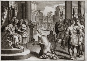Bibel von Royaumont, Altes Testament: Bestrafung von Aman. Assuerus I (Xerxes I) hängt Aman (Haman) an den Galgen, den er für Mardochee (oder Mordechai) vorbereitet hatte, und widerruft das Todesurteil, das er in seinem ganzen Königreich veröffentlicht hat