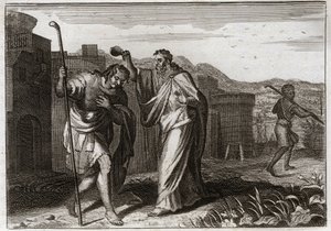 Royaumont-Bibel, Altes Testament: Salbung Sauls. Samuel, auf Gottes Befehl, salbte Saul zum König der Juden. Illustration von 1811. von Unknown artist