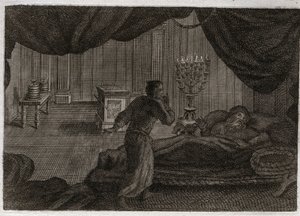 Bibel von Royaumont, Altes Testament: Samuel gibt Heli. Anne (Hannah) weihte den kleinen Samuel dem Herrn und übergab ihn dem Hohepriester Heli. Samuel, der die Stimme des Herrn in der Nacht hört, denkt, dass es sein Mentor ist. Illustration von 1811.