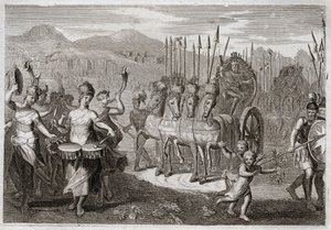 Bibel von Royaumont, Altes Testament: Triumph von David. Nachdem David den Riesen Goliath besiegt hat, kommen die Frauen Israels ihm entgegen, um seinen Triumph mit Jubelrufen und dem Klang von Instrumenten zu ehren. Illustration von 1811. von Unknown artist