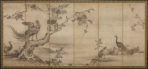 Vögel, Blumen und Bäume: auf der Rückseite Bambusbäume von Unknown artist