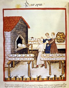Schwarzbrot: ein Bäcker bei der Arbeit vor einem Ofen. Beleuchtung aus der Melkung der Medizin und Diätetik „Tacuinum sanitatis“ von Unknown artist