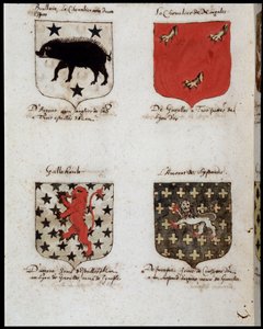 Wappen der Ritter der Tafelrunde: 1. Brallain, der Ritter mit zwei Schwüngen, 2. Der Ritter von Norgales, 3. Gallehault, 4. Der Liebhaber von Lystenois. sd. 19. Jahrhundert von Unknown artist