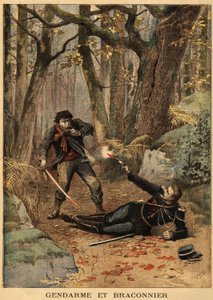 Blutiger Kampf zwischen einem Wilderer und einem Polizisten in der Nähe von Bezier. Gravur in „Le petit journal“ 10/03/1895. Sammlung Selva