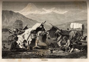 Böhmisches Lager. Gravur zur Illustration der Reise in die Provinzen des Kaukasus, von Basile Vereschaguine, 1864-1865, veröffentlicht in „Le tour du monde, nouveau journal des voyages“, herausgegeben von Edouard Charton von Unknown artist