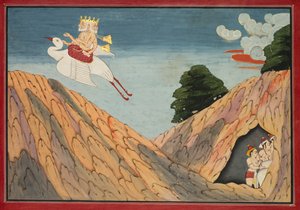 Brahma versteckt die Kuhhirten und die Kälber in der Höhle, Seite aus einem Bhagavata Purana