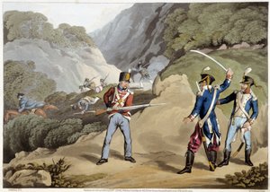 Britischer Soldat erobert zwei französische Offiziere in der Schlacht der Pyrenäen - in „Historische, Militärische und Marine-Anekdoten...“ von Edward Orne.