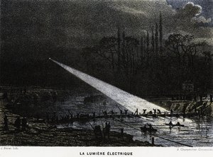 Verteidigungsanlagen über die Seine bei Nacht mit Bogenlicht bauen. Deutsch-Französischer Krieg