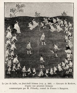 Burmesischer Fußball oder Ballspiel. Gravur von Krakow zur Illustration der Geschichte „Fünfzehn Tage in Burma“, von E.Cavaglion, 1886, in Le tour du Monde 1892, herausgegeben von Edouard Charton (1807-1891), Hachette, Paris. von Unknown artist
