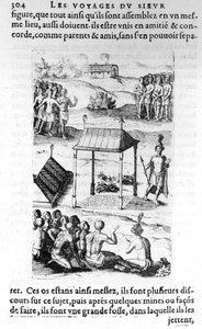 Kanada: Eingeborene - in „Les voyages de la Nouvelle France Occidental, Dicte Canada, gemacht von St Champlain Xaintongeois... von 1603 bis 1629... Samuel Champlain (1570-1635), ed. Pierre Le Mur, Paris von Unknown artist