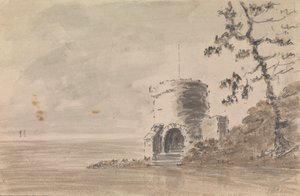 Burgruine in Landschaftsszene mit einem See von Unknown artist
