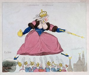 Katharina II. springt von Russland nach Konstantinopel über europäische Souveräne, Karikatur, Ende des 18. Jahrhunderts von Unknown artist
