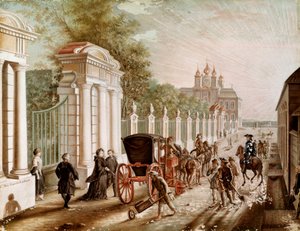 Katharina II. oder Katharina Alexejewna (1729-1782) verlässt den Peterhof-Palast vor ihrer Krönung zur Kaiserin im Jahr 1762 von Unknown artist