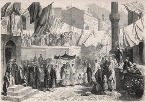 Katholische Prozession in den Straßen von Konstantinopel anlässlich des Fronleichnamsfestes - Gravur in „The Illustrous World“ von Unknown artist