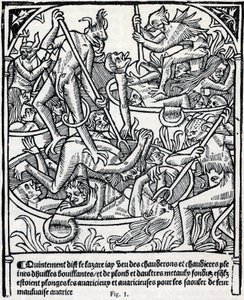 Kessel voller kochendem Öl und Blei, in die Teufel die Gierigen tauchen, um sie mit ihrer schlechten Gier betrunken zu machen. Beschreibung von Lazarus der Hölle. Faksimile des „Calendrier des Bergers“ prophetischer Almanach, gedruckt von Claude Nourry im  von Unknown artist