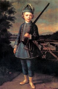 Charles-Joseph de Ligne im Alter von etwa 10 Jahren in einer Fantasieuniform vor dem Schloss Beloeil von Unknown artist