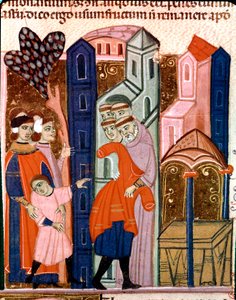 Kinder werden den Mönchen zur Erziehung anvertraut. Miniatur aus dem Justinianischen Kodex (Codex Justinianus), einer Sammlung von Gesetzen und Institutionen, die unter dem römischen Kaiser Justinian I. von Byzanz (483-565) redigiert wurden