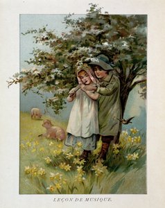 Kinderhirten spielen Musik in einer blühenden Landschaft, „Musikstunde“ von Unknown artist