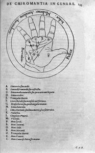 Chiromantie und wahrsagerische Vorhersage: Darstellung der verschiedenen Linien der Hand zur Interpretation der Persönlichkeit. Frontispiz der „Collectio operis“ von Robert Fludd (Robertus de Fluctibus) (1574-1637) 1617