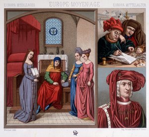 Zivile Kostüme im Mittelalter im 15. Jahrhundert. Oben rechts: Geldwechsler in Antwerpen. Unten rechts: Porträt von Maximilian von Österreich (1459-1519) nach Quentin Metzys. In „Le costume historique“ von A. Raquet