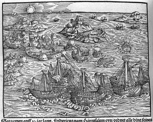 Kämpfe zwischen Sarazenen. Gravur von Johann Stumpff "Den edlen struen belten fromen"