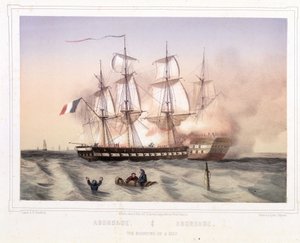 Kollision eines Schiffes unter französischer Flagge durch Piraten - Lithographie von Unknown artist
