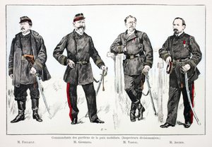 Kommandeure der mobilisierten Friedenswächter (Divisionsinspektoren), von links nach rechts: Herr Foucault, Herr Giobergia, Herr Vassal, Herr Archer. Farbradierung zur Illustration „Histoire du corps des gardiens de la paix“, Buch veröffentlicht unter der 